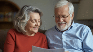 elderly couple reviewing insurance docs for medicare aep