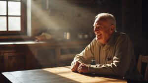 Elderly man smiling while sitting at a kithcen table.