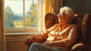 Elderly woman happily sitting in a chair looking out the window after confidently switching medicare plans