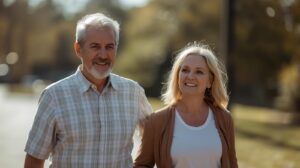 Man and a woman walking outside