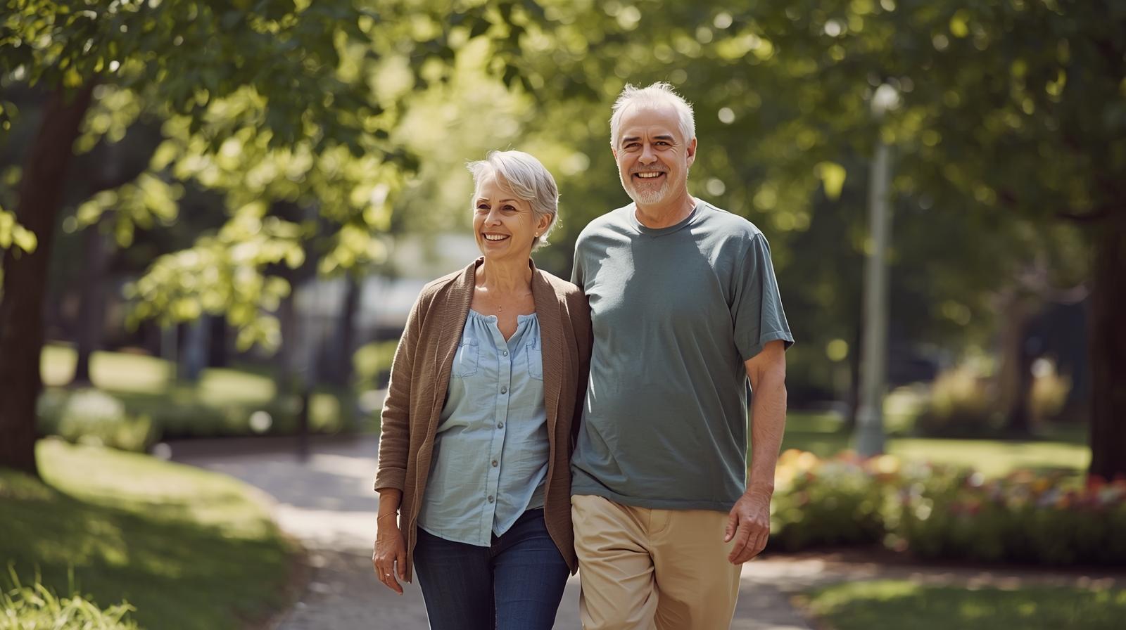 Middle-age man and woman standing outside